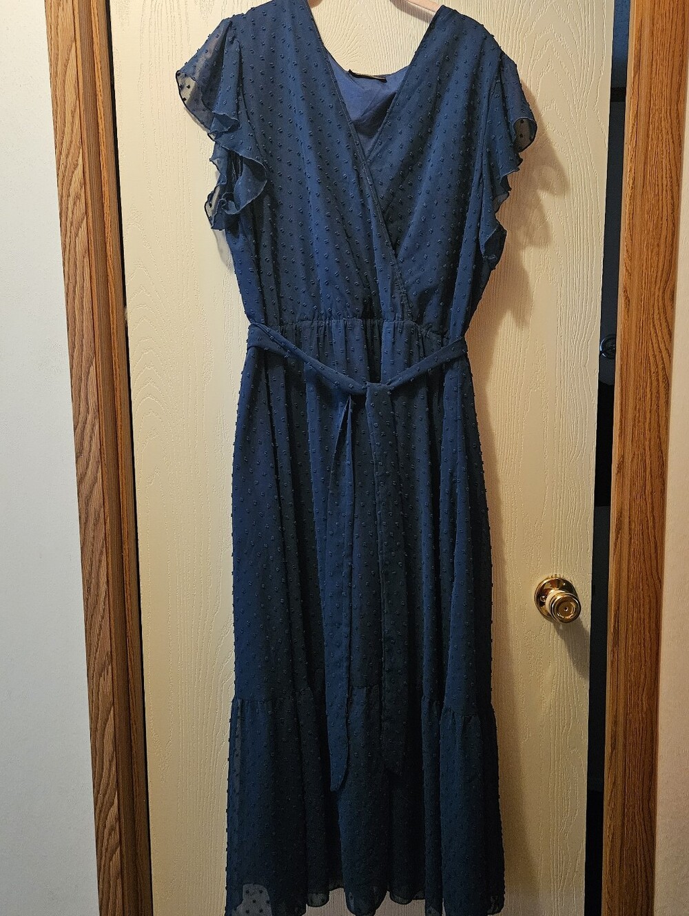 Fashion Teal Flowy Short Flutter Sleeve Polkadot Dress, Size XXL